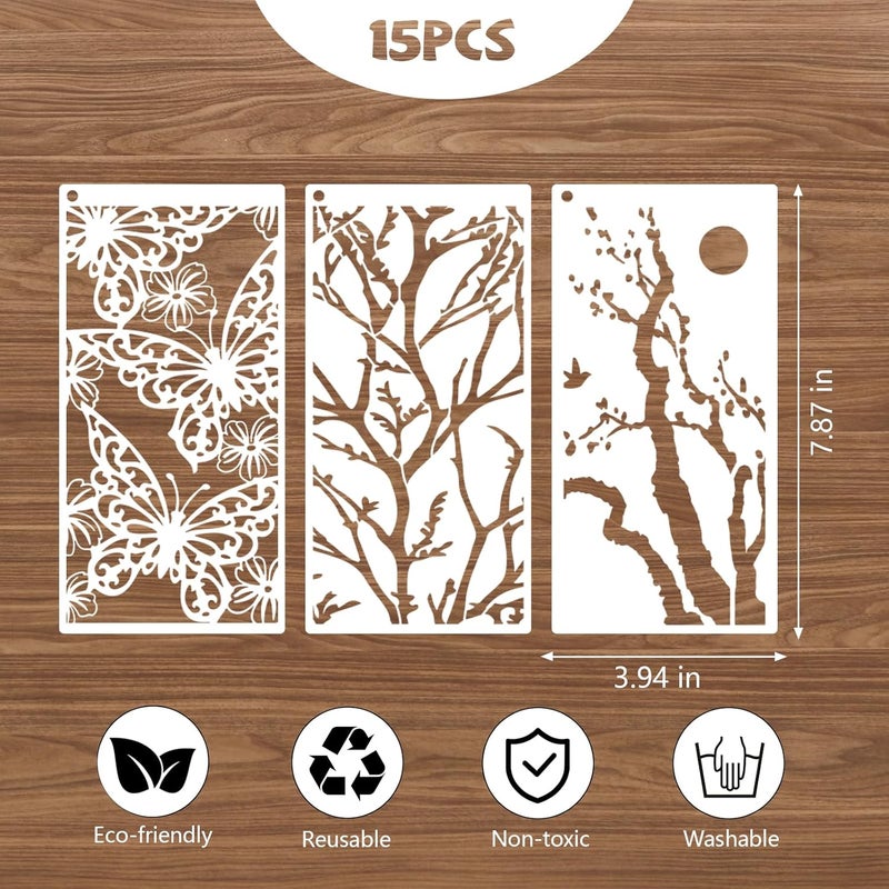 AFRITEE 15 Pack Border Stencil for Painting on Wood, 4x8 Inches Small Branch Floral Reusable Painting Templates for Wood Burning, Mandala Drawing Stencil Craft for Furniture Wall Interior Decoration - Image 4